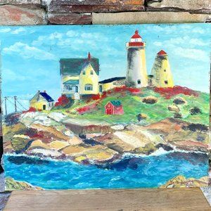 Maine Lighthouse Original Oil on Board Painting York Signed Unframed T Richards
